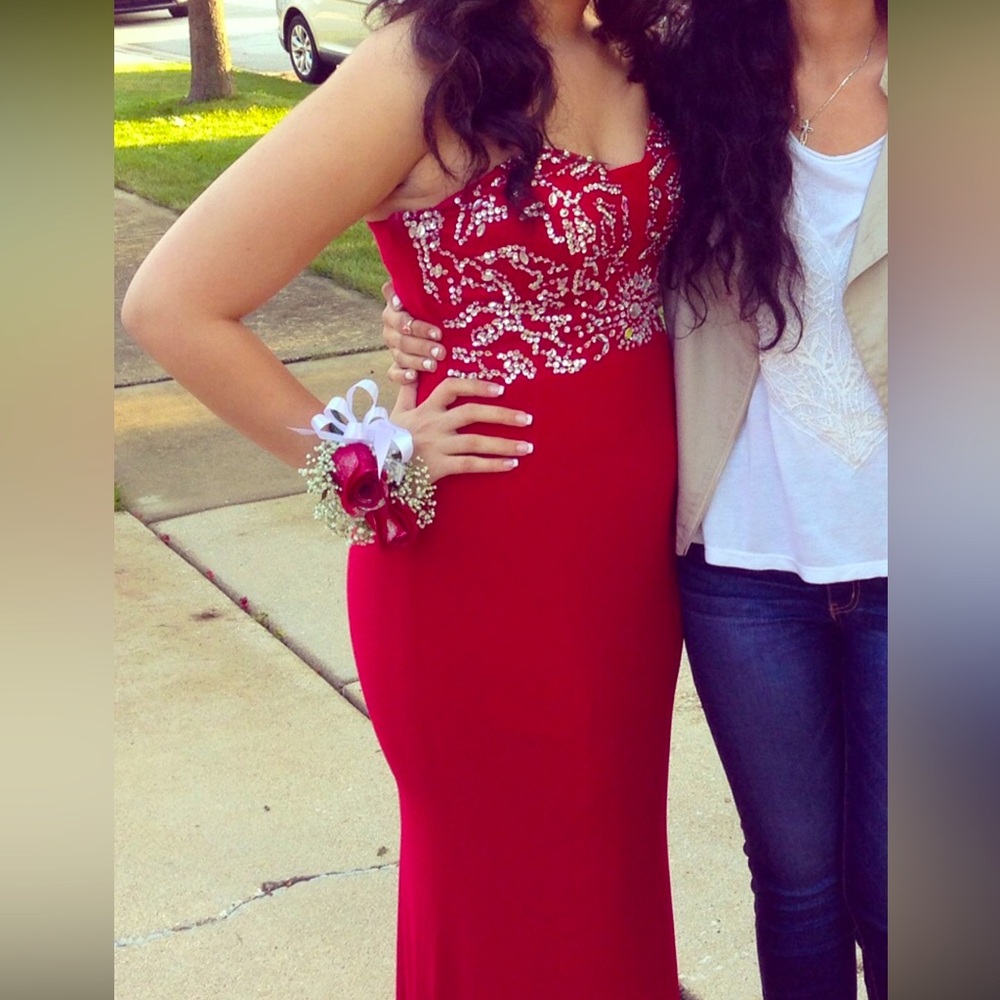 Red Long Evening Gown with Beaded Bodice
